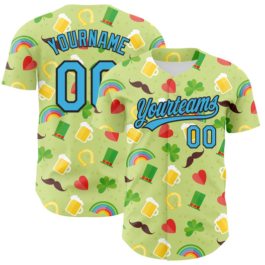 Custom Green Sky Blue-Black 3D St. Patrick's Day Shamrock Beer Authentic Baseball Jersey - Sky-Custom