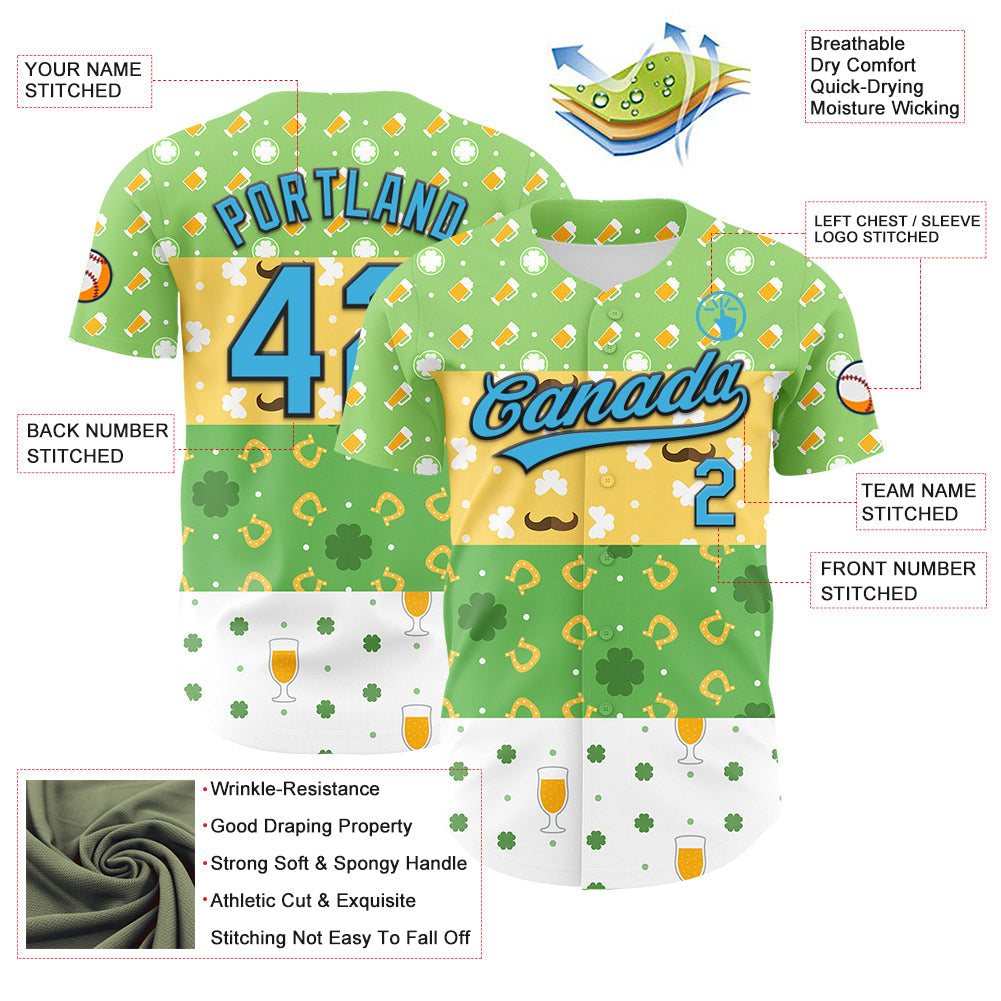 Custom Green Sky Blue Light Yellow-Black 3D St. Patrick's Day Shamrock Beer Authentic Baseball Jersey - Sky-Custom