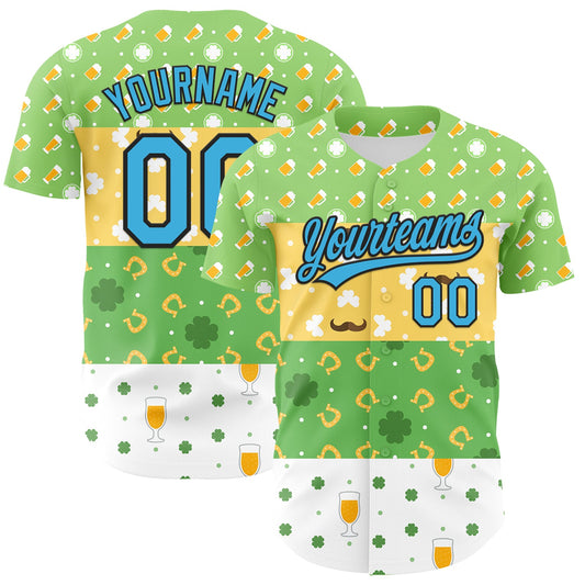 Custom Green Sky Blue Light Yellow-Black 3D St. Patrick's Day Shamrock Beer Authentic Baseball Jersey - Sky-Custom