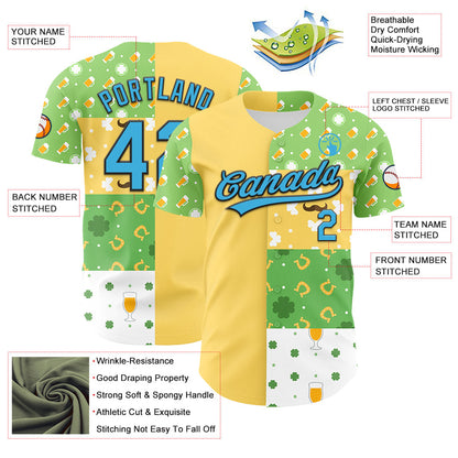 Custom Green Sky Blue Light Yellow-Black 3D St. Patrick's Day Shamrock Beer Authentic Baseball Jersey - Sky-Custom