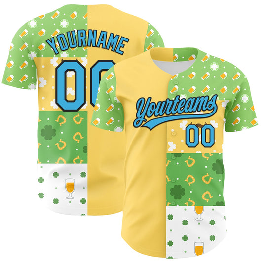 Custom Green Sky Blue Light Yellow-Black 3D St. Patrick's Day Shamrock Beer Authentic Baseball Jersey - Sky-Custom