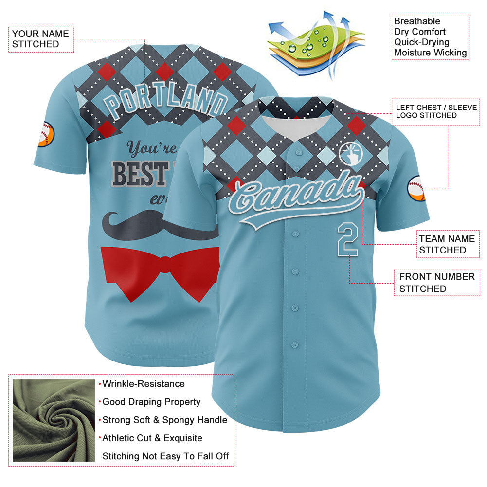 Custom Shadow Blue White 3D Pattern Design Father's Day Mustache Authentic Baseball Jersey - Sky-Custom