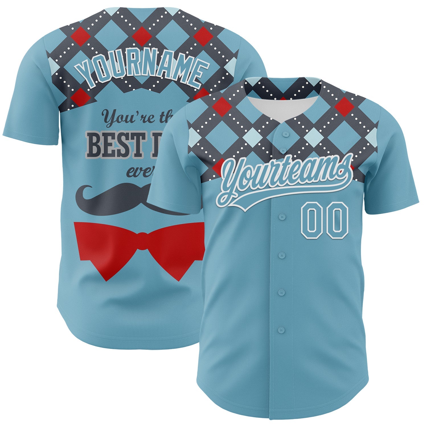 Custom Shadow Blue White 3D Pattern Design Father's Day Mustache Authentic Baseball Jersey - Sky-Custom