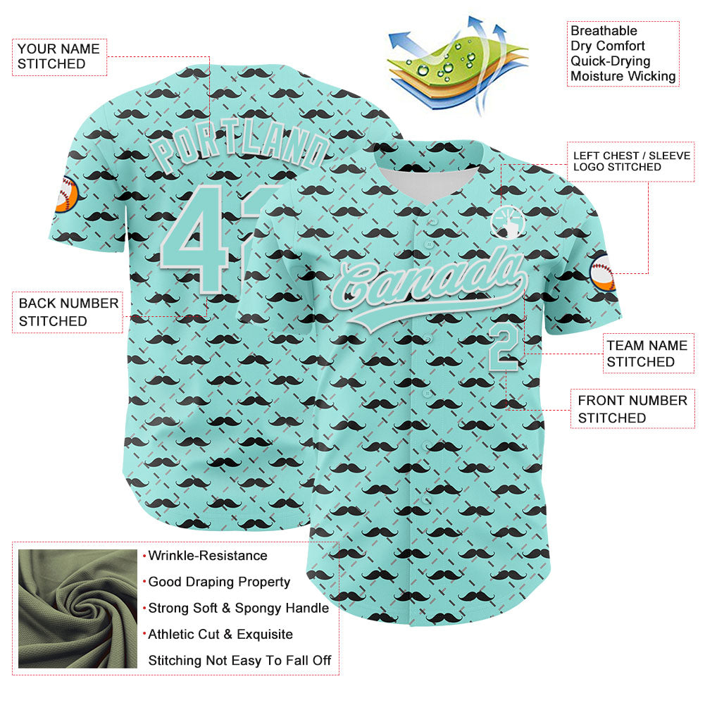 Custom Ice Blue White 3D Pattern Design Father's Day Mustache Authentic Baseball Jersey - Sky-Custom