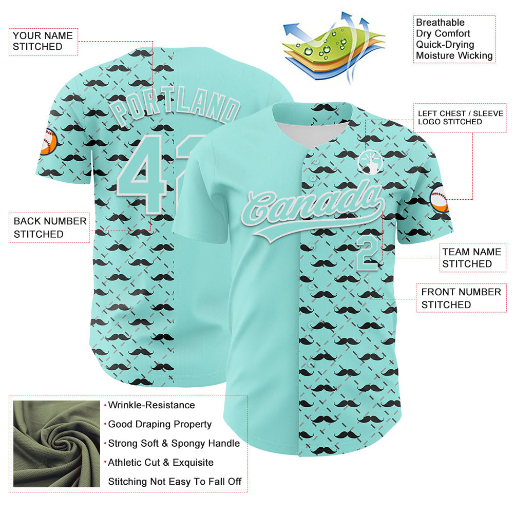 Custom Ice Blue White 3D Pattern Design Father's Day Mustache Authentic Baseball Jersey - Sky-Custom