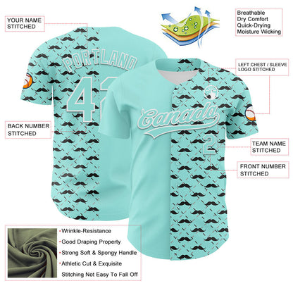 Custom Ice Blue White 3D Pattern Design Father's Day Mustache Authentic Baseball Jersey - Sky-Custom
