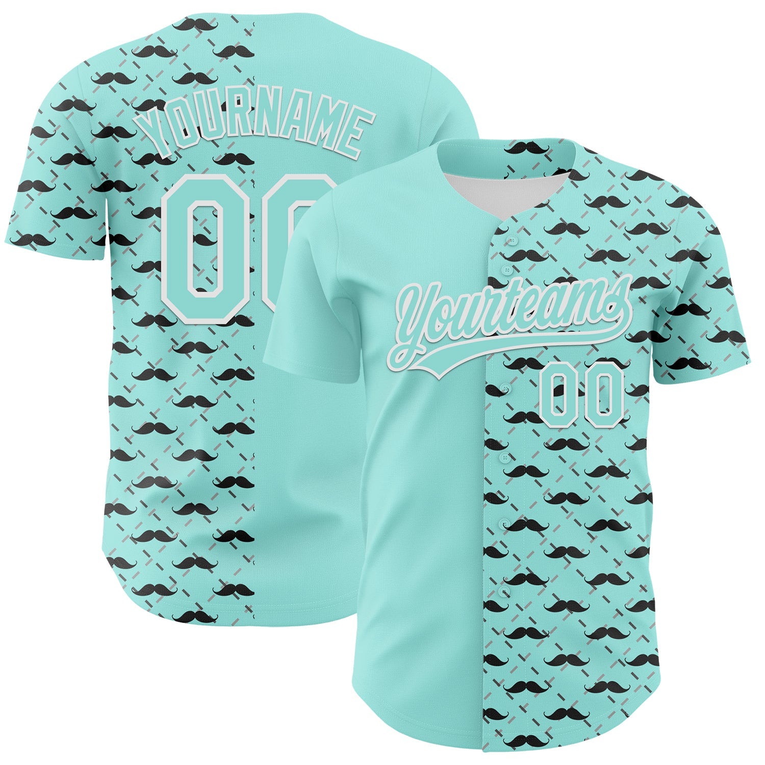 Custom Ice Blue White 3D Pattern Design Father's Day Mustache Authentic Baseball Jersey - Sky-Custom