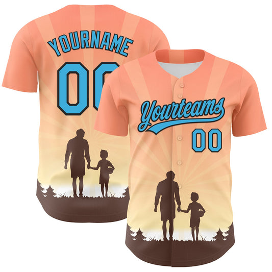 Custom Medium Pink Sky Blue-Black 3D Pattern Design Father's Day Family Love Authentic Baseball Jersey - Sky-Custom