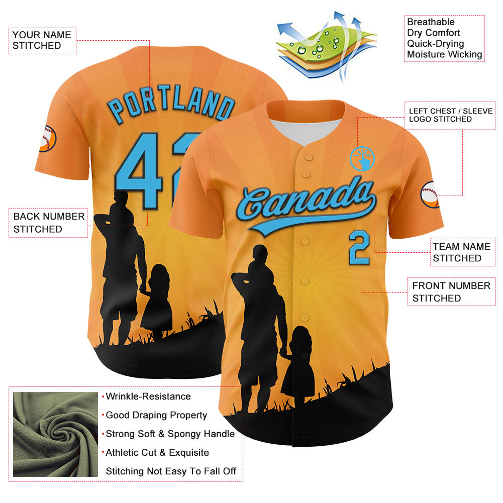 Custom Bay Orange Sky Blue-Black 3D Pattern Design Father's Day Family Love Authentic Baseball Jersey - Sky-Custom