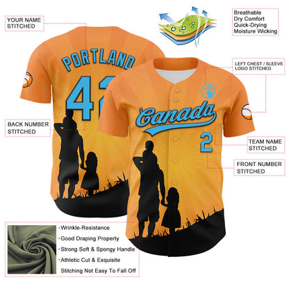Custom Bay Orange Sky Blue-Black 3D Pattern Design Father's Day Family Love Authentic Baseball Jersey - Sky-Custom