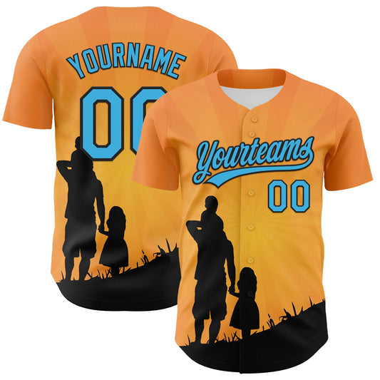 Custom Bay Orange Sky Blue-Black 3D Pattern Design Father's Day Family Love Authentic Baseball Jersey - Sky-Custom