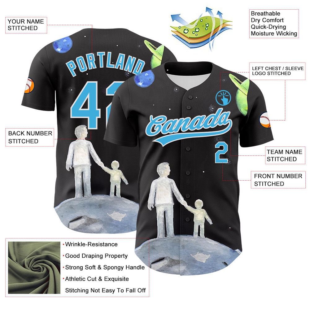 Custom Black Sky Blue-White 3D Pattern Design Father's Day Family Love Authentic Baseball Jersey - Sky-Custom