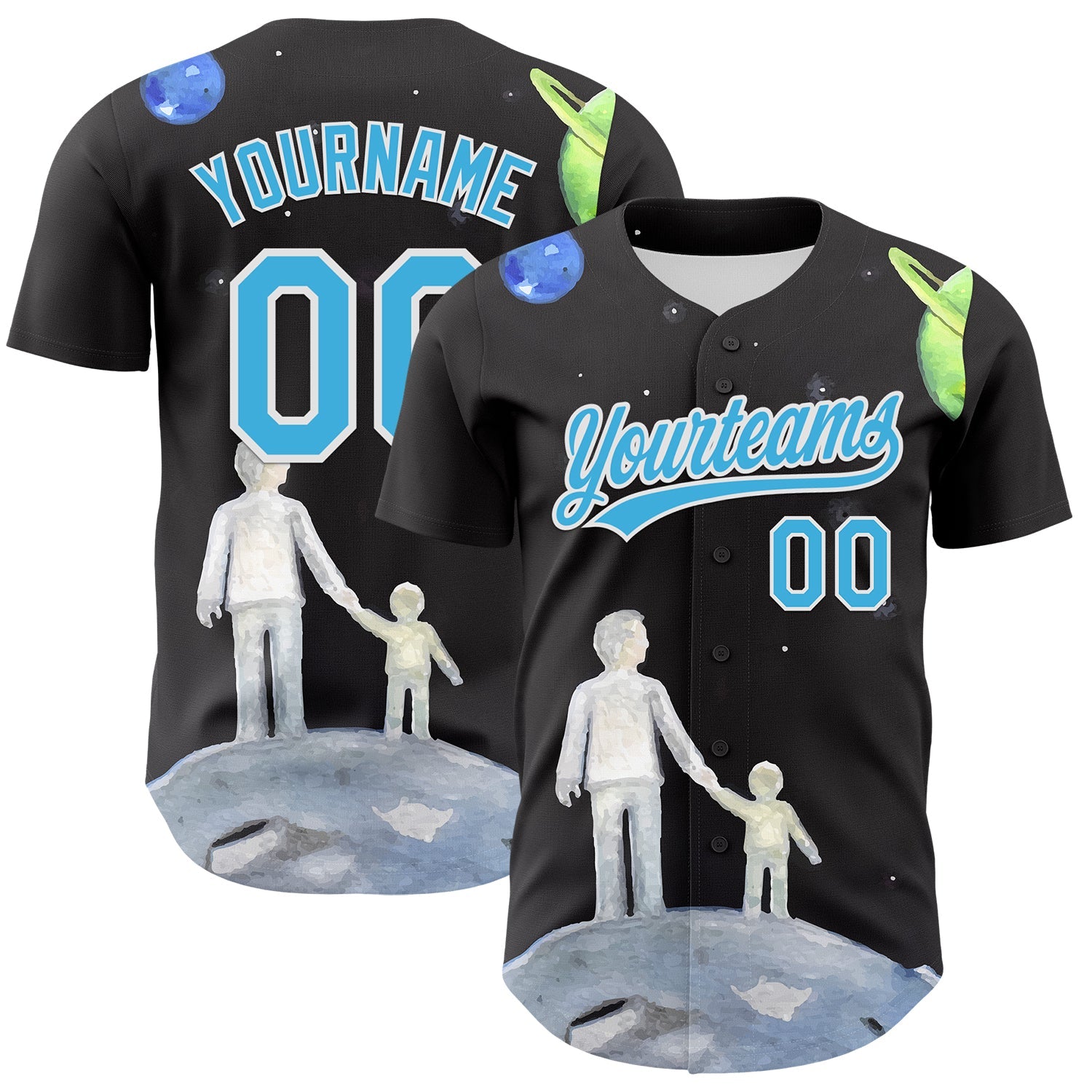 Custom Black Sky Blue-White 3D Pattern Design Father's Day Family Love Authentic Baseball Jersey - Sky-Custom