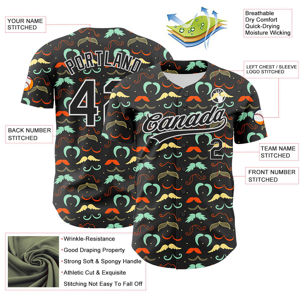 Custom Black White 3D Pattern Design Father's Day Mustache Authentic Baseball Jersey - Sky-Custom