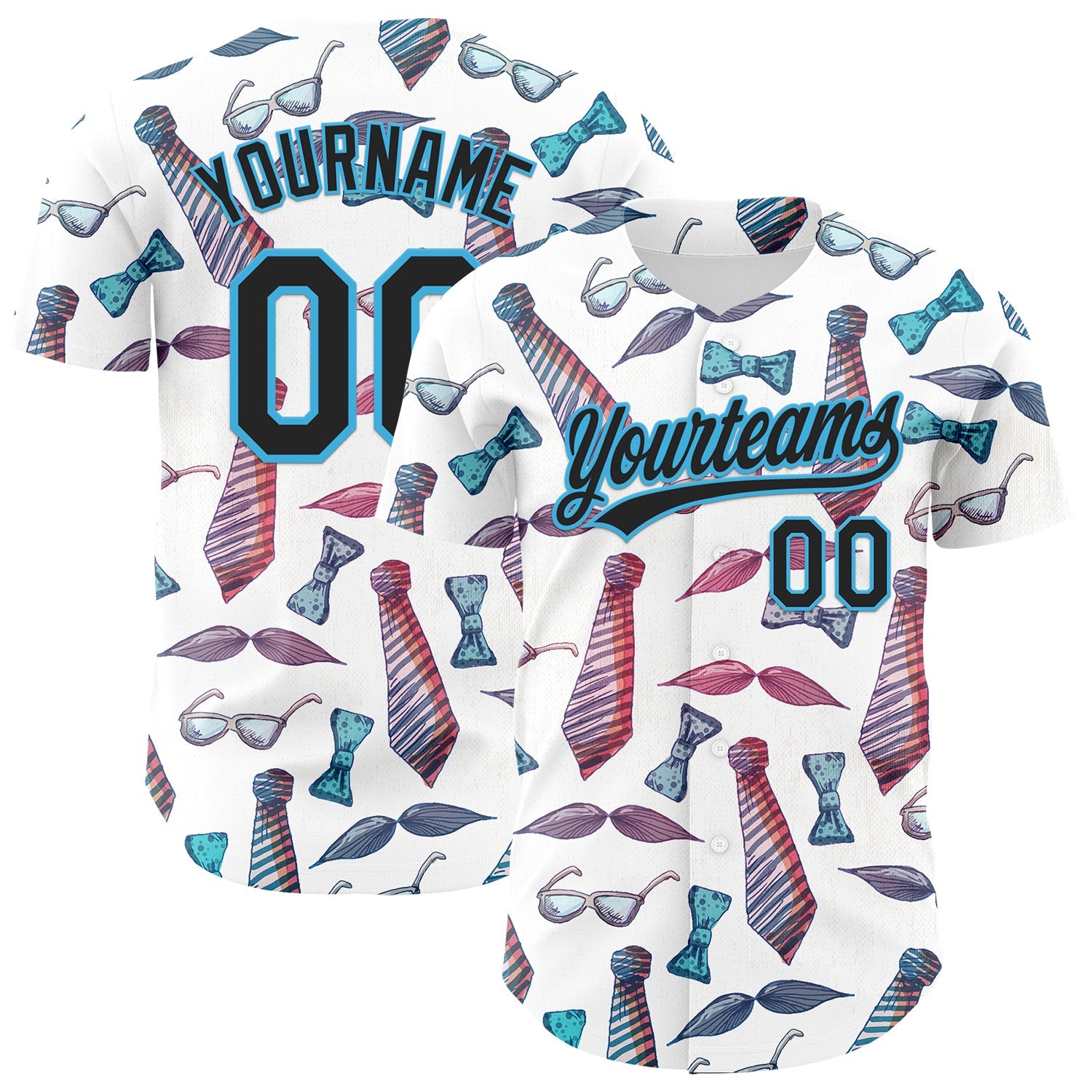 Custom White Black-Sky Blue 3D Pattern Design Father's Day Mustache And Tie Authentic Baseball Jersey - Sky-Custom
