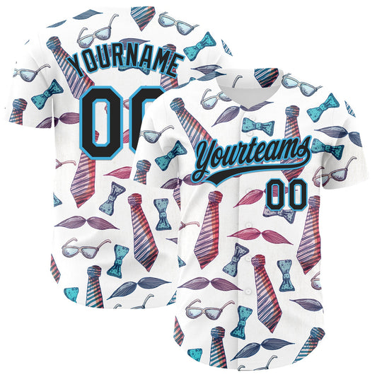Custom White Black-Sky Blue 3D Pattern Design Father's Day Mustache And Tie Authentic Baseball Jersey - Sky-Custom