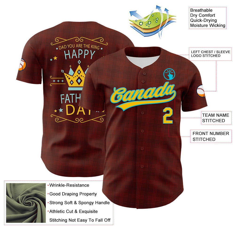 Custom Brown Yellow-Lakes Blue 3D Pattern Design Father's Day King Crown Authentic Baseball Jersey - Sky-Custom