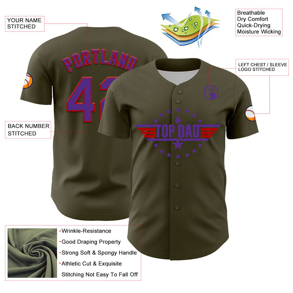 Custom Olive Purple-Red 3D Pattern Design Father's Day Top Dad Authentic Salute To Service Baseball Jersey - Sky-Custom