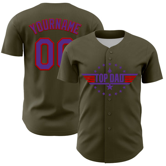 Custom Olive Purple-Red 3D Pattern Design Father's Day Top Dad Authentic Salute To Service Baseball Jersey - Sky-Custom