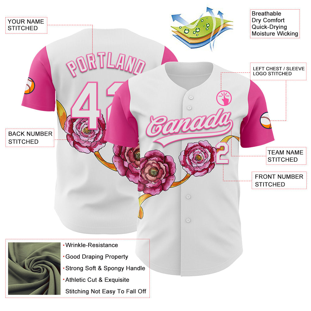 Custom White Pink 3D Pattern Design Mother's Day Flower Authentic Baseball Jersey - Sky-Custom
