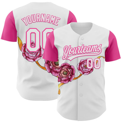 Custom White Pink 3D Pattern Design Mother's Day Flower Authentic Baseball Jersey - Sky-Custom
