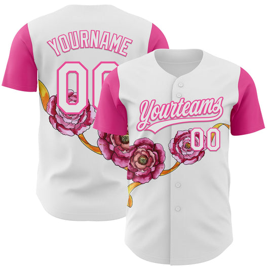 Custom White Pink 3D Pattern Design Mother's Day Flower Authentic Baseball Jersey - Sky-Custom