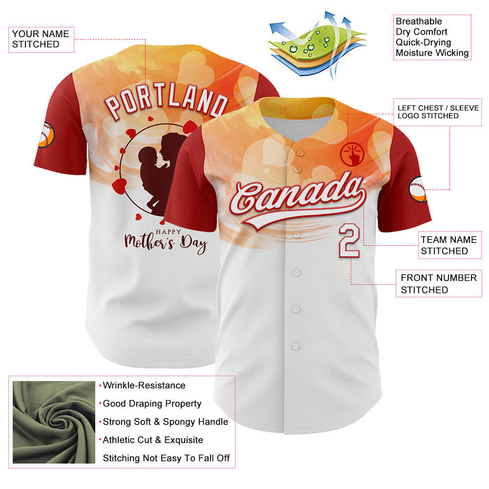 Custom White Red 3D Pattern Design Mother's Day Family Love Authentic Baseball Jersey - Sky-Custom