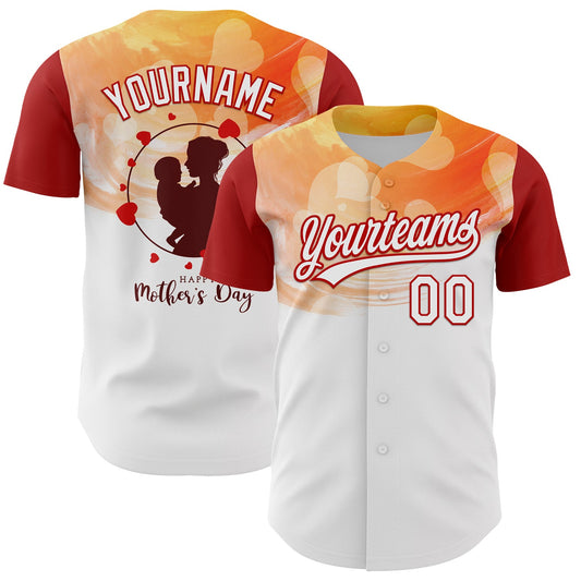 Custom White Red 3D Pattern Design Mother's Day Family Love Authentic Baseball Jersey - Sky-Custom