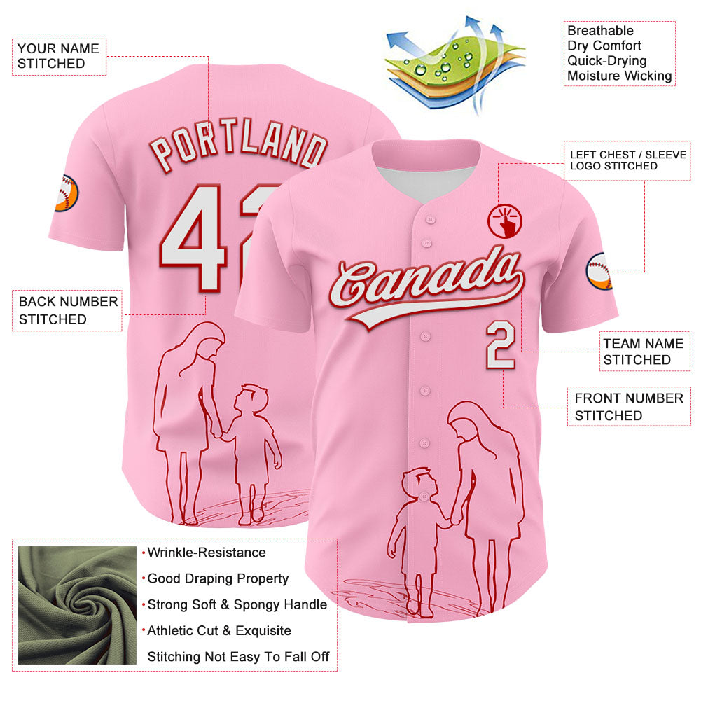 Custom Light Pink White-Red 3D Pattern Design Mother's Day Family Love Authentic Baseball Jersey - Sky-Custom