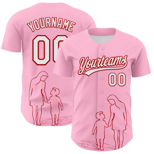 Custom Light Pink White-Red 3D Pattern Design Mother's Day Family Love Authentic Baseball Jersey - Sky-Custom