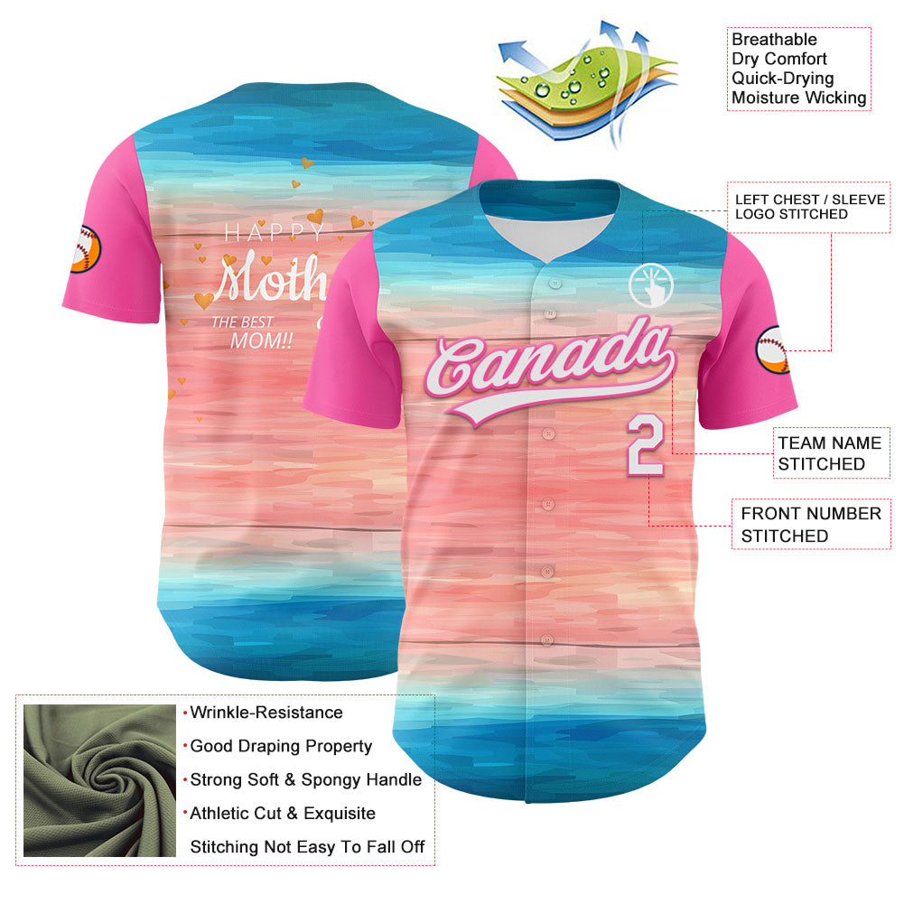 Custom Sky Blue White-Pink 3D Pattern Design Mother's Day Love Authentic Baseball Jersey - Sky-Custom