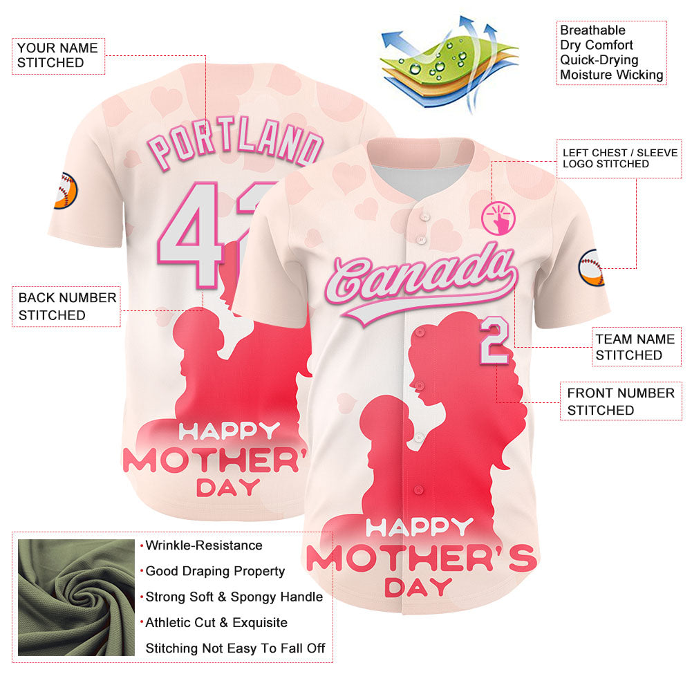 Custom Cream White-Pink 3D Pattern Design Mother's Day Family Love Authentic Baseball Jersey - Sky-Custom