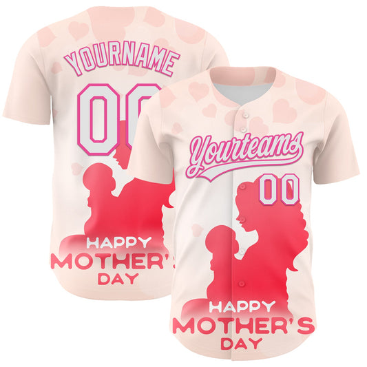Custom Cream White-Pink 3D Pattern Design Mother's Day Family Love Authentic Baseball Jersey - Sky-Custom