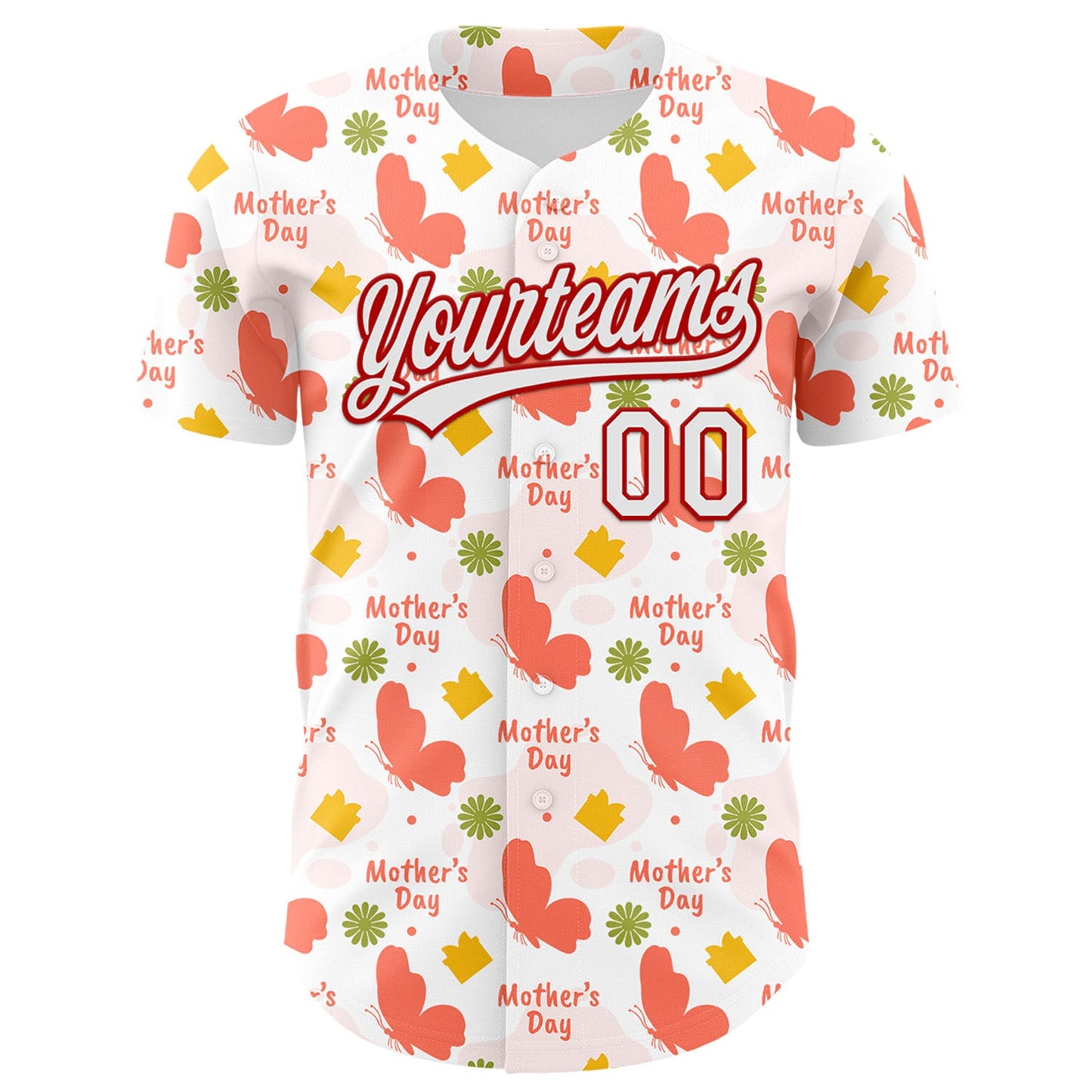 Custom White Red 3D Pattern Design Mother's Day Love Authentic Baseball Jersey - Sky-Custom