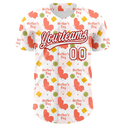Custom White Red 3D Pattern Design Mother's Day Love Authentic Baseball Jersey - Sky-Custom