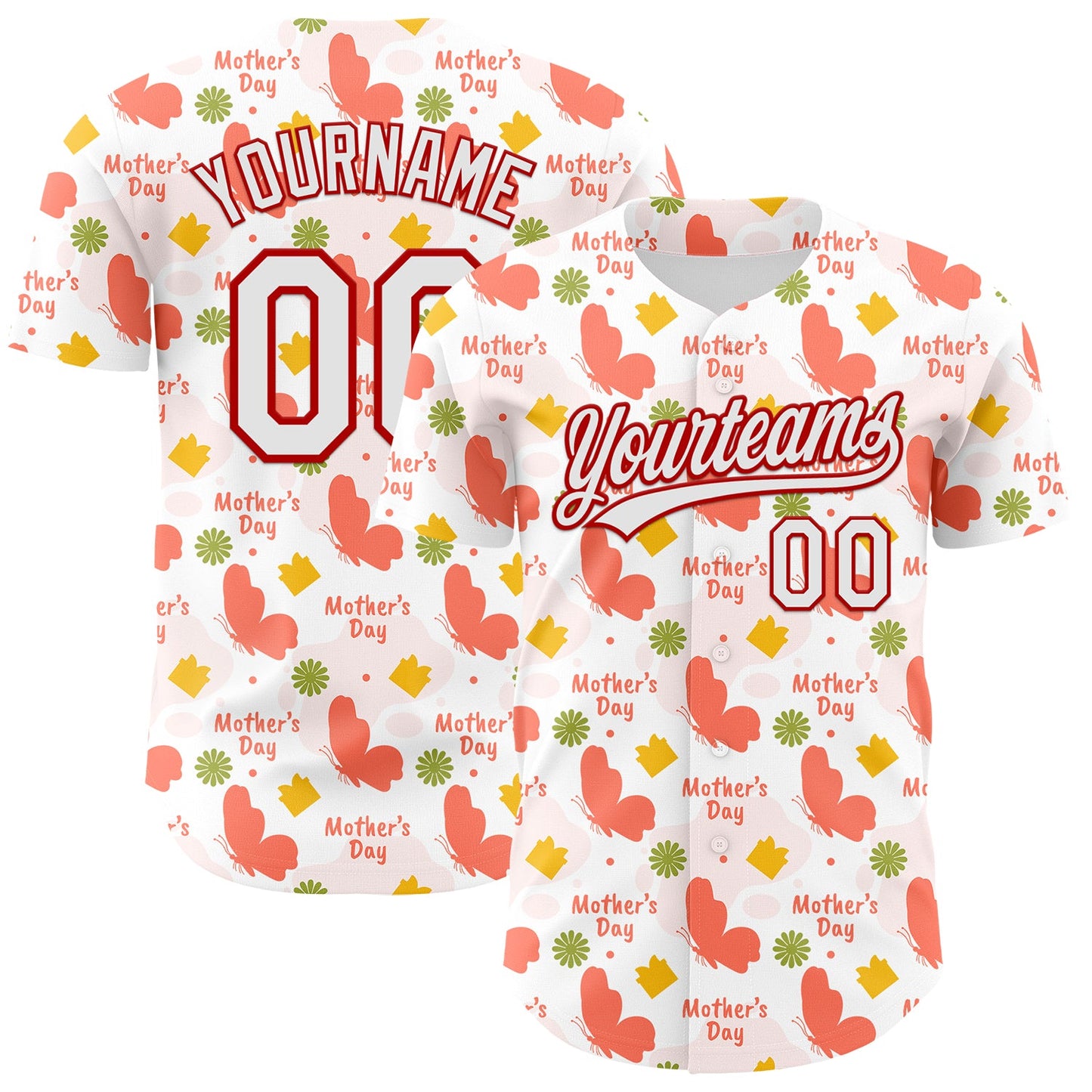 Custom White Red 3D Pattern Design Mother's Day Love Authentic Baseball Jersey - Sky-Custom