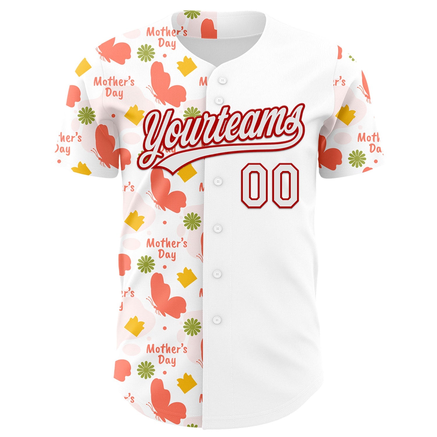 Custom White Red 3D Pattern Design Mother's Day Love Authentic Baseball Jersey - Sky-Custom