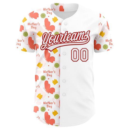 Custom White Red 3D Pattern Design Mother's Day Love Authentic Baseball Jersey - Sky-Custom