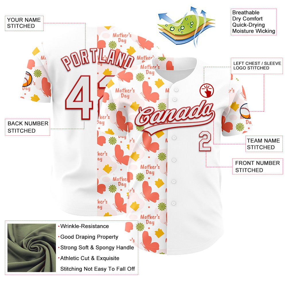 Custom White Red 3D Pattern Design Mother's Day Love Authentic Baseball Jersey - Sky-Custom