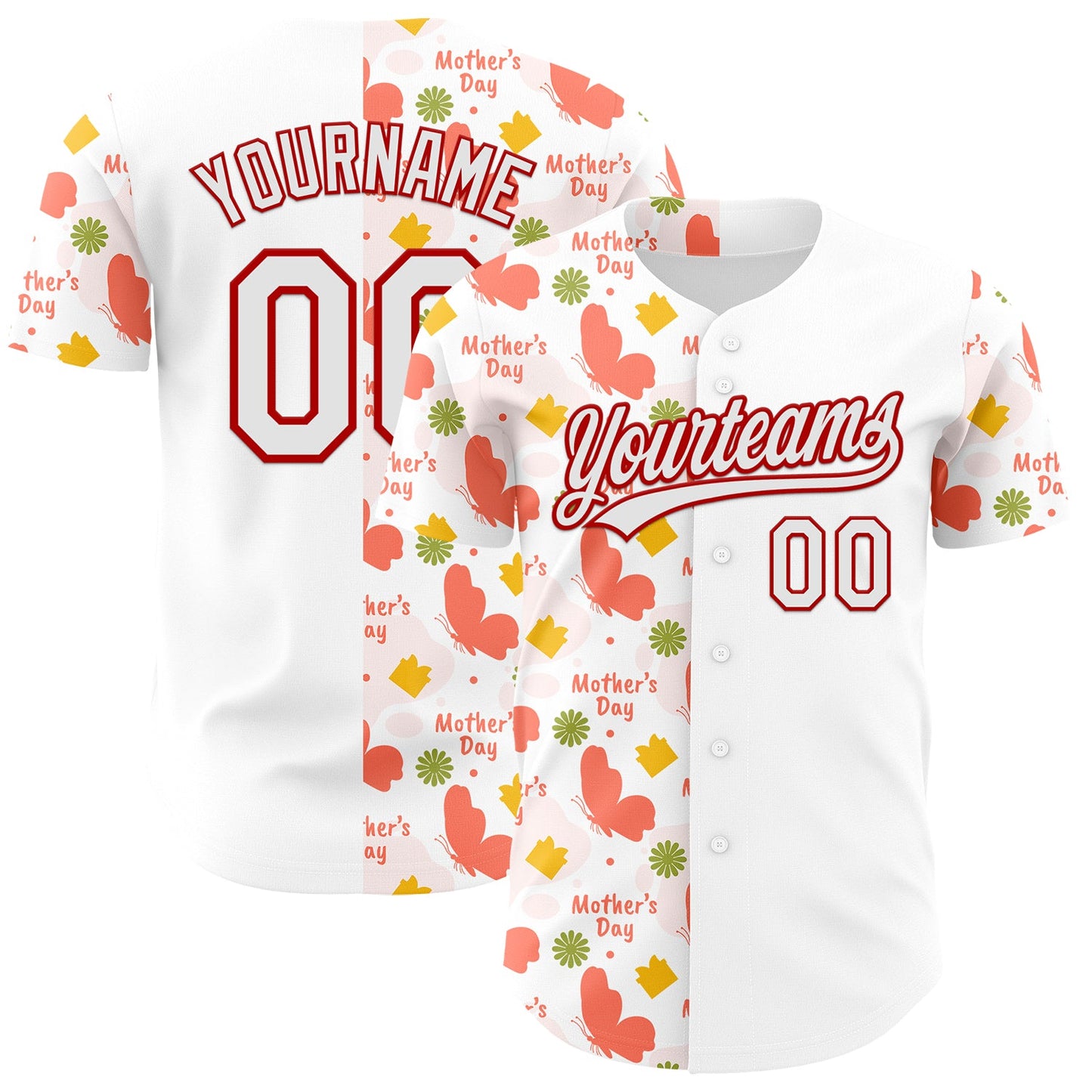 Custom White Red 3D Pattern Design Mother's Day Love Authentic Baseball Jersey - Sky-Custom