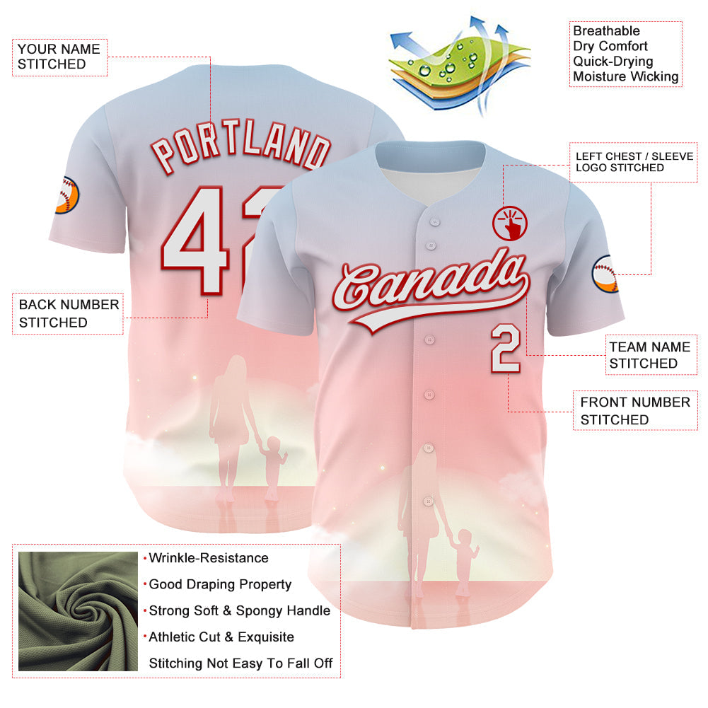 Custom Light Pink White-Red 3D Pattern Design Mother's Day Family Love Authentic Baseball Jersey - Sky-Custom