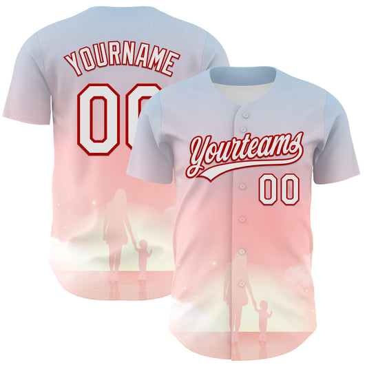 Custom Light Pink White-Red 3D Pattern Design Mother's Day Family Love Authentic Baseball Jersey - Sky-Custom