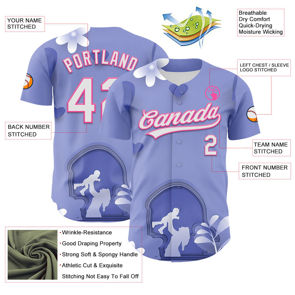 Custom Light Purple White-Pink 3D Pattern Design Mother's Day Family Love Authentic Baseball Jersey - Sky-Custom