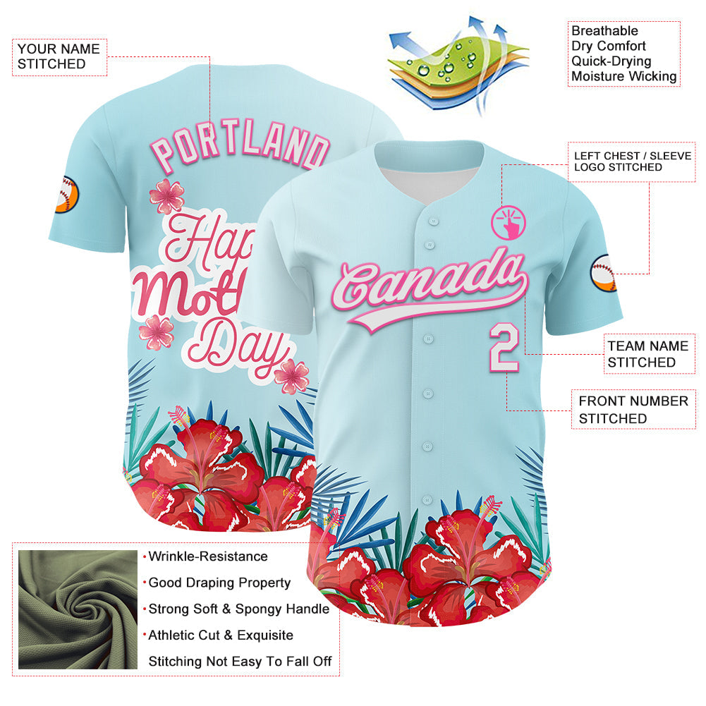 Custom Ice Blue White-Pink 3D Pattern Design Mother's Day Flower Authentic Baseball Jersey - Sky-Custom