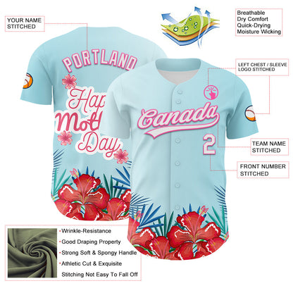 Custom Ice Blue White-Pink 3D Pattern Design Mother's Day Flower Authentic Baseball Jersey - Sky-Custom