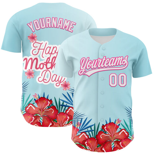 Custom Ice Blue White-Pink 3D Pattern Design Mother's Day Flower Authentic Baseball Jersey - Sky-Custom