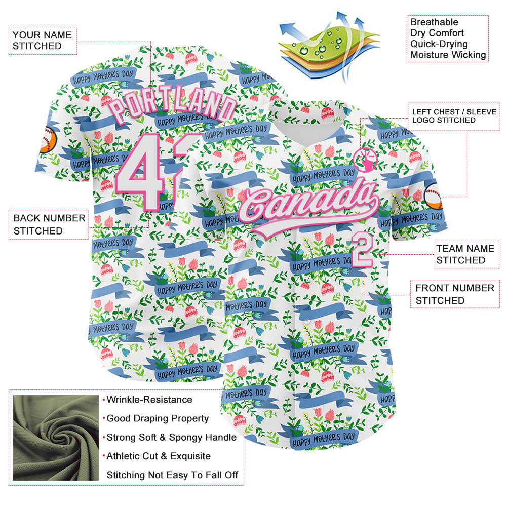 Custom White Pink 3D Pattern Design Mother's Day Flower Authentic Baseball Jersey - Sky-Custom