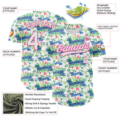 Custom White Pink 3D Pattern Design Mother's Day Flower Authentic Baseball Jersey - Sky-Custom