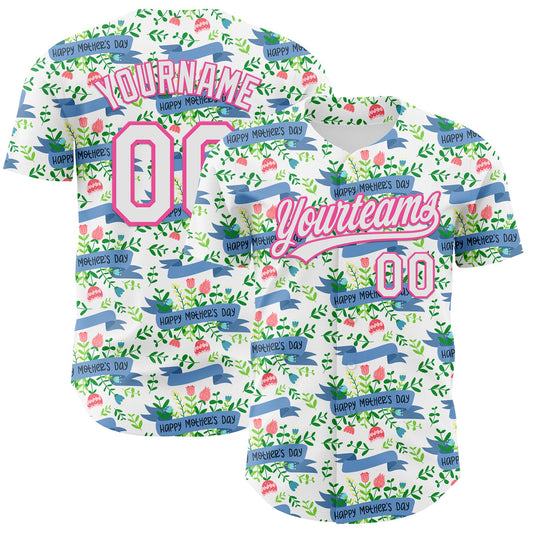 Custom White Pink 3D Pattern Design Mother's Day Flower Authentic Baseball Jersey - Sky-Custom