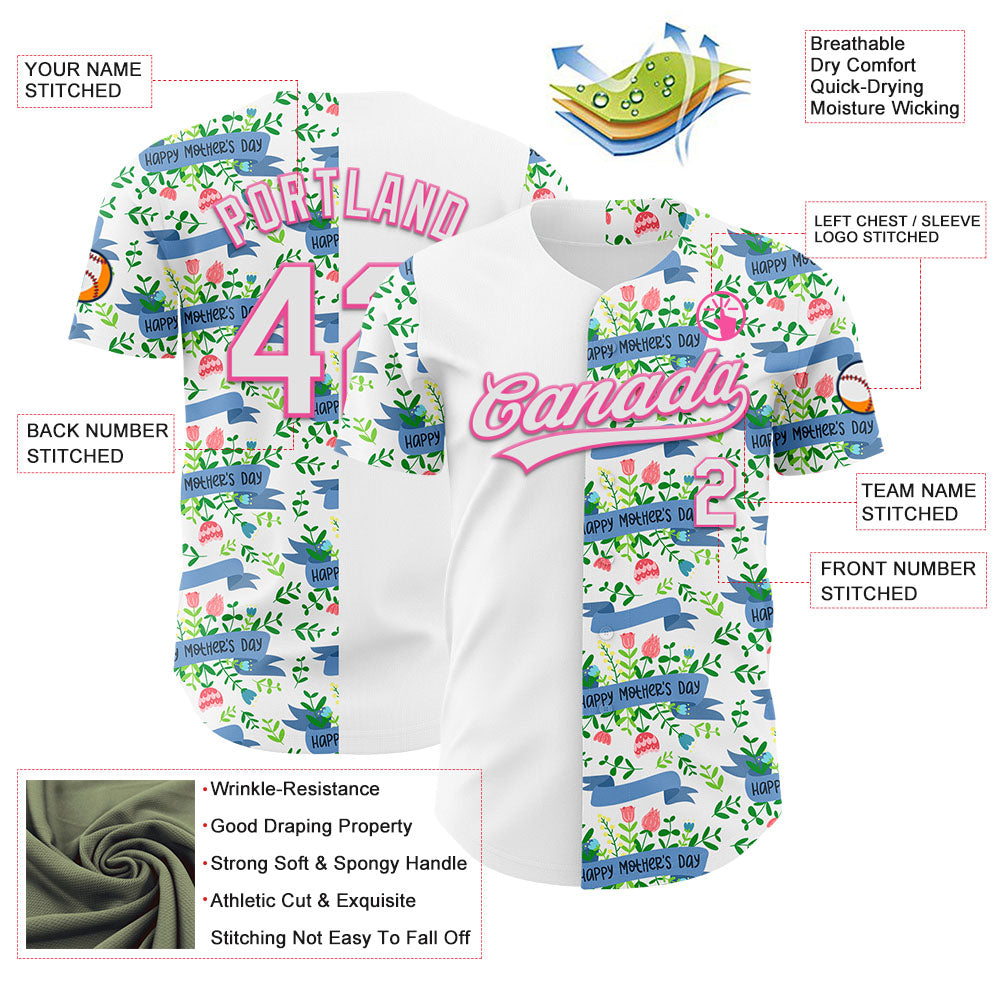 Custom White Pink 3D Pattern Design Mother's Day Flower Authentic Baseball Jersey - Sky-Custom